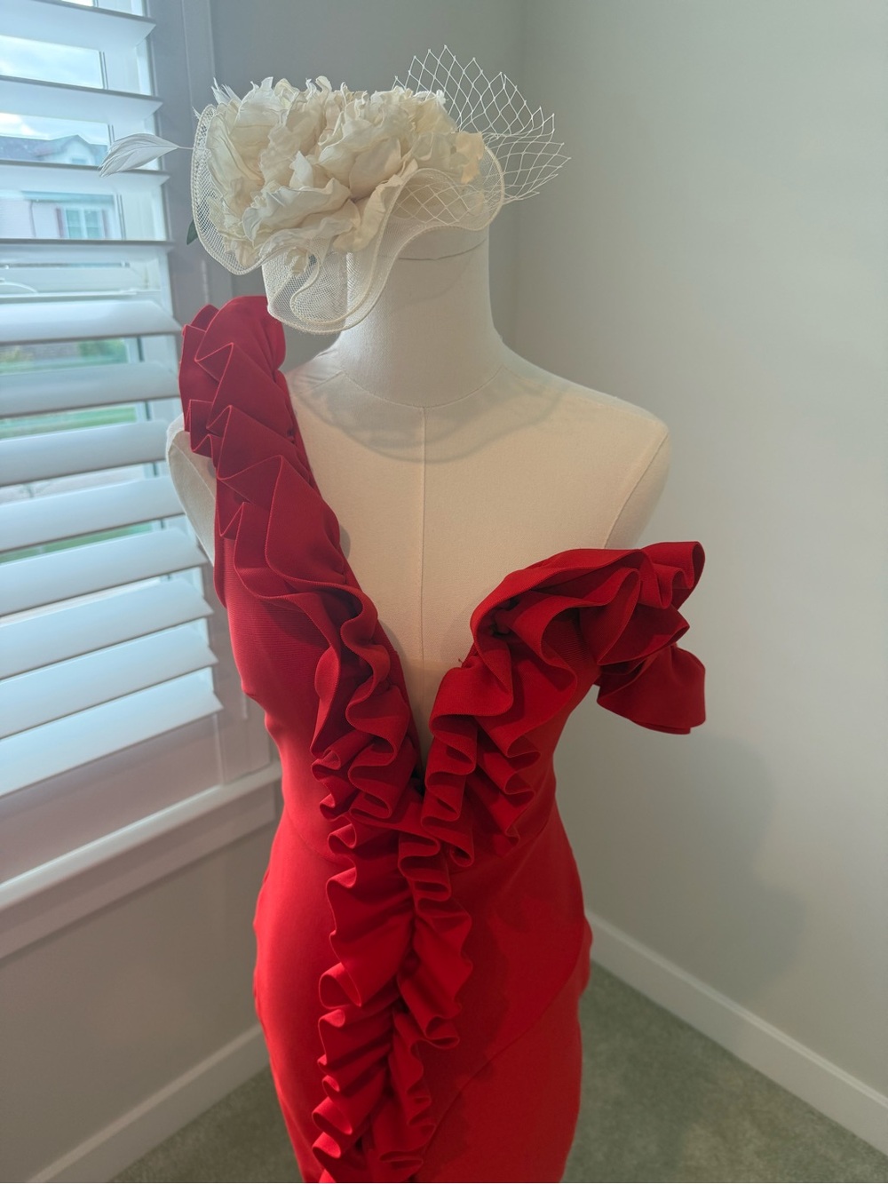 Red Ruffle Detail Bodycon Dress - Picture 8 of 8